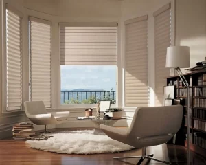 Pirouette Sheer Shades in on a bay window in a bright reading book
