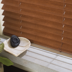 Custom wood blinds at Mr. K's Fabric Shop, Quincy, IL. Explore personalized window treatments and upholstery services.