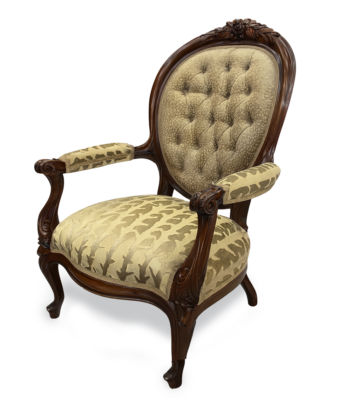 Elegant upholstered chair at Mr. K's Fabric Shop, Quincy, IL—custom window treatments, upholstery, and more with 50+ years experience.