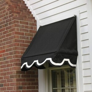 Custom black awning by Mr. K's Fabric Shop in Quincy, IL, offering 50+ years of expertise in window treatments and upholstery.