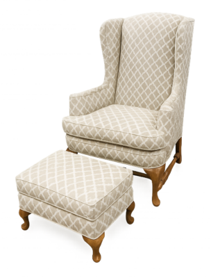 Elegant upholstered chair and ottoman from Mr. K's Fabric Shop in Quincy, IL, offering custom window treatments and upholstery.